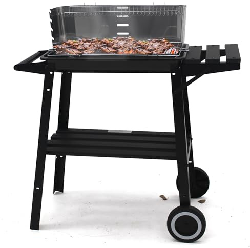 Muntel Holzkohlegrill edelstahl auf rollen,Säulengrill,BBQ-Grill,inkl 4-fach höhenverstellbarem Grillrost, Lüftungsregler,Aschekasten und Aschekasten, für Camping, Garten, Schwarz