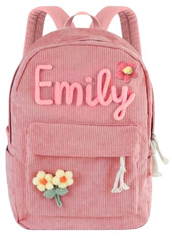 Aina Lighting Personalisierter Rucksack für Mädchen/Jungen, personalisierbarer Cord-Rucksack mit Namen, Baumwollseil, gewebter Name, Schultasche, Geschenk für Kinder, rose, 28x12x40cm