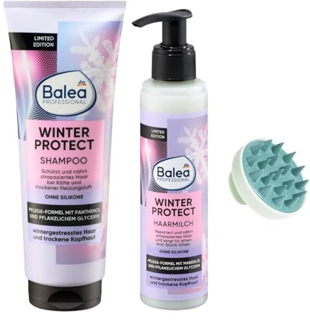 Balea - Juego de 2 champús Winter Protect, 250 ml + leche capilar Winter Protect, 150 ml + cepillo de masaje para cuero cabelludo