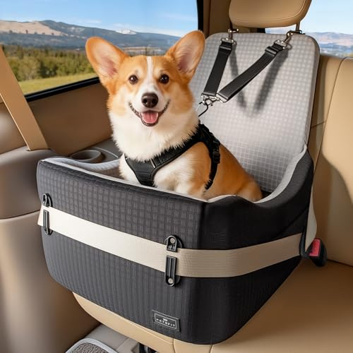 PETSFIT upphöjd hundbilstol för små/medelstora hundar upp till 15 kg – 15 cm upphöjd utkikskudde, 700N säkerhetskoppel, halkfri bas, tvättbart överdrag, fram-/baksäte resebooster – svart och grå