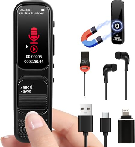 64GB Grabadora de Voz Mini - Audio HD 3072 kbps Grabadora Portátil con Activación por Voz, Reducción de Ruido, Reproductor MP3, Genial para Lección, Llamada, Entrevista