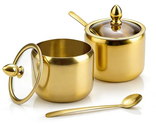 Fatiya Paquete de 2 azucareros dorados de acero inoxidable con tapa y cuchara, recipiente de azúcar de 14.5 onzas para barra de café, tarro de condimento de metal para especias de sal, soporte de té