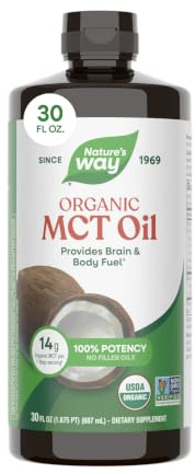 Nature’s Way Organic MCT Oil, Brain and Body Fuel*, Liquid Coconut MCT Oil with C8 Caprylic & C10 Capric Acids, 14 g Medium Chain Triglycerides per Serving, Keto & Paleo Certified, Non-GMO, 30 Fl Oz