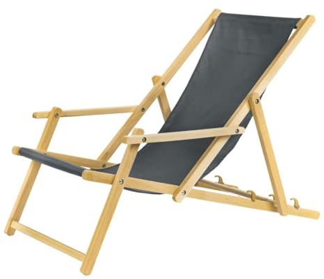Unbekannt Klappbare Liegestuhl aus Buchenholz mit Armlehnen - 3-Fach Verstellbarer Sonnenliege bis 120kg - Strandliege, Klappliege für Garten, Balkon grau