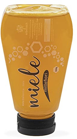 ERBOTECH Miele Millefiori Italiano in Contenitore Squezzer da 350 g, 100% Made in Italy, Miele Puro e Non Pastorizzato della Val Camonica