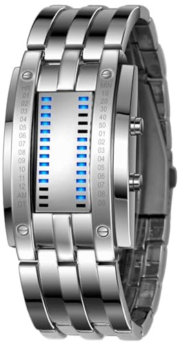 Gosasa Men's LED Digital Wrist Watch Futuristic Binary Display Stainless Steel Bracelet Waterproof Tech Style Watch for Casual & Fashion Wear(C Silver)