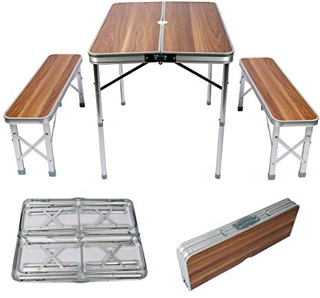 Wiltec Hopfällbart campingbord med 2 bänkar stolsförvaring trädesign aluminium 90 x 66 x 70 cm campingmöbel hopfällbart möbelset utomhus friluftsliv camping bord