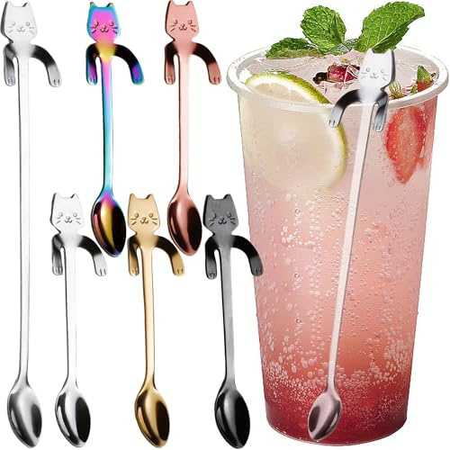 MINGZE 6 Stück Katze Kaffee Löffel Set, 5 + 1 Löffel Mit Langem Griff, Edelstahl Hängendes Design Teelöffel Dessertlöffel für Wasser Tee Milch Dessert Drink Mischen Milchshake