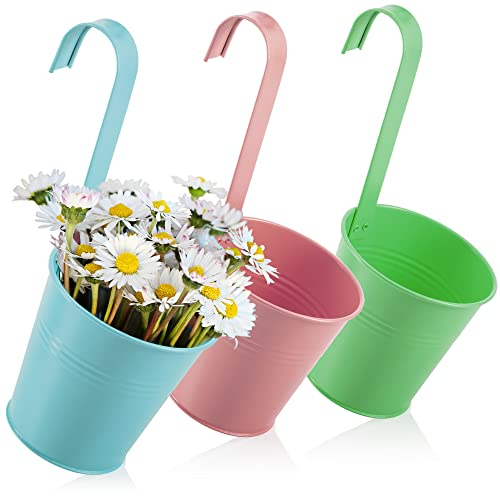 com-four® 3x vasi da fiori sospesi per balconi - vasi sospesi in colori vivaci per piante ed erbe aromatiche - vasi da fiori con ganci [la selezione varia] (03x Pentola in metallo - multicolore)