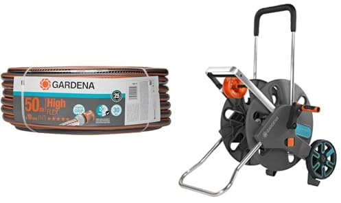 Tuyau d'Arrosage Comfort Highflex de Gardena 19 Mm (3/4), 50 M & Dévidoir Aquaroll L Easy de Gardena : Dévidoir sur Roues d'Une Capacité de 100 M, Particulièrement Stable, avec Guidage Confortable
