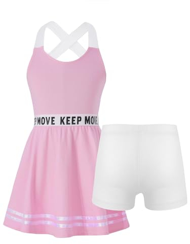 Freebily Mädchen Tennis Kleidung Ärmelloses Tennis Kleider Shorts 2er Set Kinder Sport Outfit Tanzkleid Badminton Training Fitness Bekleidung Rosa 110-116/5-6 Jahre