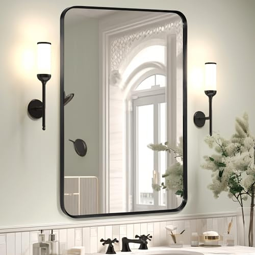 Minuover Wall Mount Mirror for Bathroom, Brushed Black Metal Framed Rounded Corner Rectangular Vanity Mirror (24 x 36, Black)