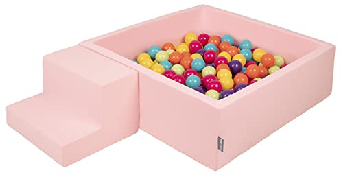 KiddyMoon lekområde i skum, med fyrkantig bollbassäng (200 bollar) för barn, rosa/grön/gul/turkos/orange/rosa/lila