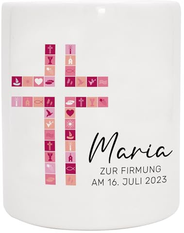 Spardose personalisiert mit Name, Datum & Anlass | Kreuz Rosa | Keramik Sparbüchse, beidseitig bedruckt, Gummistopfen an der Unterseite, 95 x 80 mm, Taufe, Kommunion, Firmung & Konfirmation