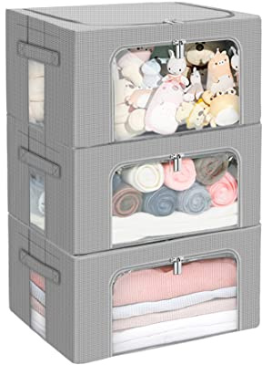 Stackable Clothes Storage Box for Clothing Gadgets,Steel Frame Storage Bins for Toys Gift,Foldable Oxford Fabric Closet Organizer Bag Set with Carry Handles Clear Window (Small- 22L x3 Pack, Grey)