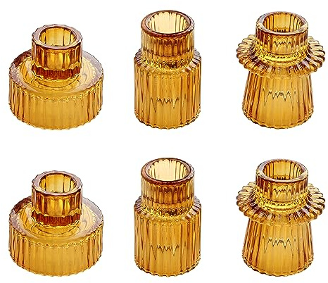 HofferRuffer Glas Kerzenhalter 2-in-1 Teelichthalter Kerzenhalter Taper Kerzen für Abendessen, Hochzeit, Urlaub, Geburtstag, Heimdekoration,Weihnachten(6Pcs Bernstein)