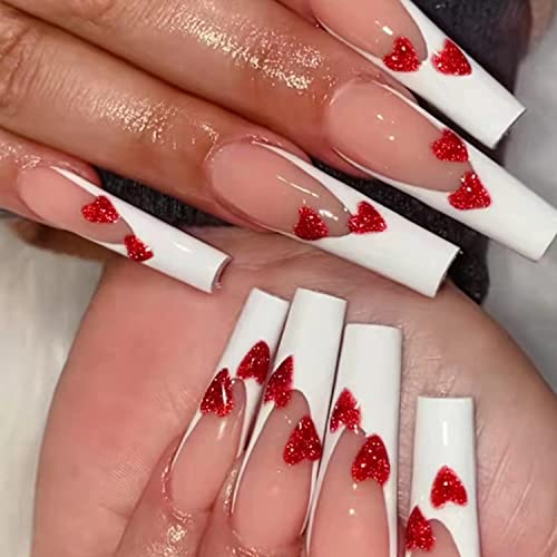 Luvadeyo 24 Stück Künstliche Nägel Lange Weiß Falsche Nägel Ballerina Acrylic natürlich Drücken auf den Nägeln Full Cover für Frauen(Rot)