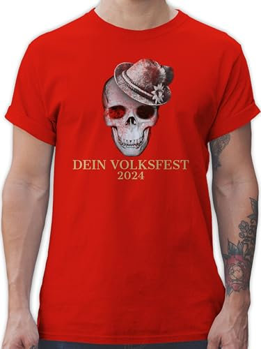 T-Shirt Herren - Kompatibel Oktoberfest - 2025 Totenkopf mit Filzhut - 4XL - Rot - Oktoberfest-Outfits Trachten Bayern Tshirt Tracht bayrisch Shirt bayrisches Tshirts bayrische für männer