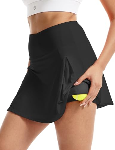 FitsT4 Sports Damen Tennisröcke Hohe Taille Rock Golf Athletisch Laufen Lässig Sport Minirock Workout Rock mit Taschen,Schwarz,L