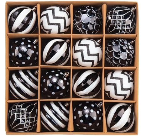 SVNVIOZ 16 Stück 8cm Weihnachtskugeln Schwarz Weiß, Christbaumkugeln Kunststoff Deko Weihnachten, Bruchsicher Weihnachtsbaumschmuck mit Aufhänger, Weihnachtsbaumkugeln für Weihnachtsdeko Innen Aussen
