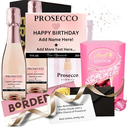Birthday Gifts for Women, Personalised Pink Mini Prosecco Rose Wine Gift Set, Unique Birthday Presents for Women - Mum, Sister, Best Friend