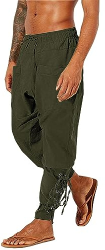 LVCBL Medeltida herrbyxor, linnebyxor, retro, pirater, snörbyxor, fritidsbyxor, Armégrön, XL