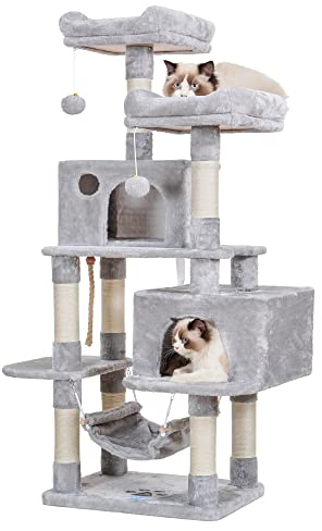 Hey-brother Kratzbaum, Katzenbaum Grosse Katzen Stabil mit Sisalseil, 2 große Haus, 2 Plattform, Hellgrau EMPJ020-SW