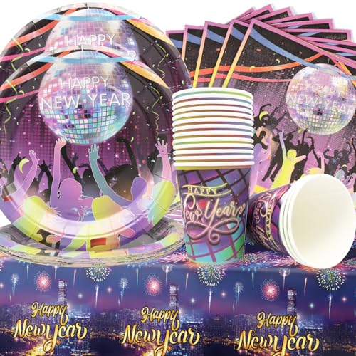 Doyomtoy Happy New Year Partygeschirr,53 StückeLila Feuerwerk Disco Geschirr Dekoration Silvester 7-Zoll-Teller,Servietten,Tassen,Tischdecken,Weihnachten Neujahr Partygeschirr für 16 Personen