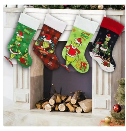 Super Idee Set di 4 calze ispirate Grinch, stile unico, calze natalizie, 46 cm, grandi calze natalizie, camino, calze da appendere, per vacanze in famiglia, Natale, feste