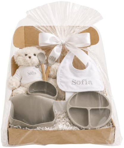 Regalo ecologico personalizzato per bambini | stoviglie in silicone e bavaglino ricamato con nome + biologico | fatto a mano in Spagna (Grigio | Set di Piatti + Bavaglino + Orsetto) | BebeDeParis