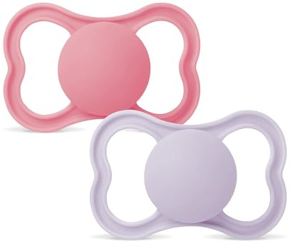 MAM Air Dummy 6–16 månader (set med 2), MAM-napp 6–16 månader för känslig och känslig hud, 2-delat set med silikondammsugare och sterilisator napphållare, rosa/neutral
