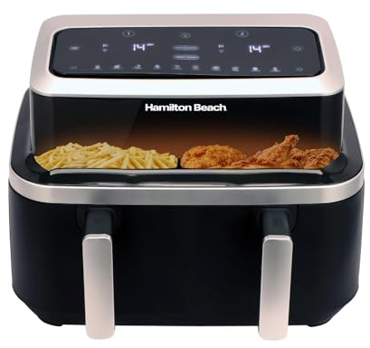 Hamilton Beach VisionCook Dual AirFryer, 9L, Vision Window, 10 One Touch Presets, Vortex Technology, Dual Zones, Match Cook, Smart Finish, Dishwasher Safe, Roast, Bake, Dehydrate - HB700VCGS, Black