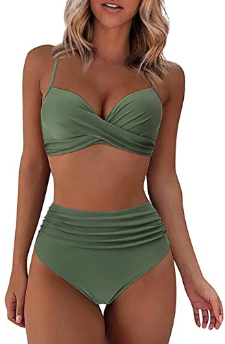 WEOPLKIN Bikini Damen Set Push Up High Waist Bikini Elegant Badeanzüge für Damen Swimsuit Drucken Zweiteiliger Badeanzug mit Bügel Triangel Bikini Swimsuit Bikini Damen Grün XL