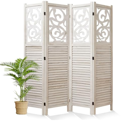 Svimi Folding Room Divider, 5.6Ft 4 Panels Wood Carved Privacy Screens, Free Assembled Freestanding Portable Reversible Functional Decorative Partition for Home Office Bedroom (White-Washed)