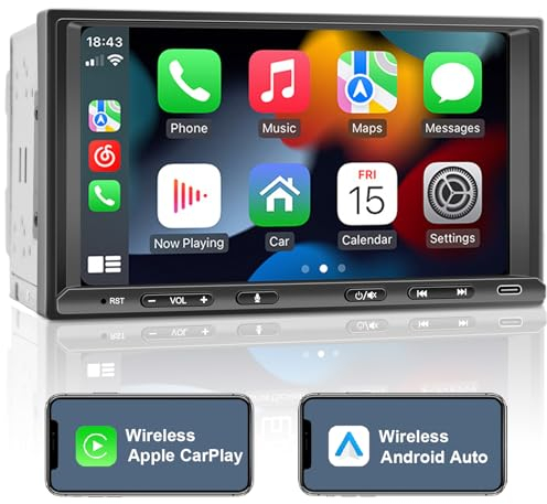 Doppel Din Radio Android mit Wireless CarPlay & Wireless Android Auto, Autoradio mit Navi 7 Zoll Bildschirm, Auto Radio Touch Display mit Bluetooth, AM/FM/RDS, AUX/SWC…