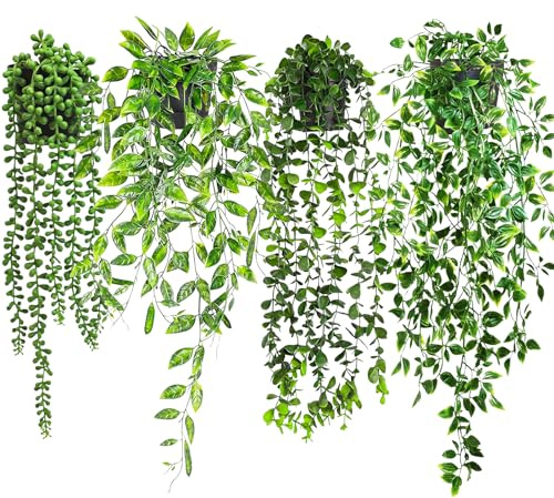 SAILSY Artificial Hanging Plants, 4 Pack Fake Plants with Pot, Artificial Plants Indoor Fake Plants Ivy Eucalyptus Vines Greenery Faux Trailing Plants for Home Garden Office Shelf Wall Decoration