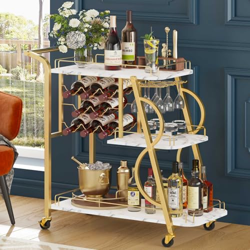 Aubtik Barwagen, Goldbarwagen für Zuhause, Servierwagen mit Weinglashalter, 3-stöckige Getränkewagen mit Rädern, rollender Getränkewagen für Küche, Esszimmer, Wohnzimmer (Gold & Marmoriert) Weiß