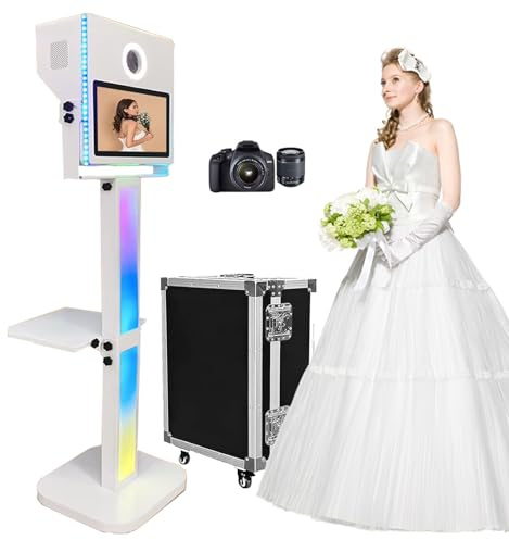 Photo cabine miroir avec appareil photo reflex numérique de 15,6 pouces, affichage tactile selfie portable, photoobooth, cadre lumineux RVB, accessoires de tapis rouge pour mariages, fêtes, événements