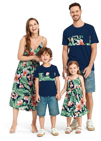 PATPAT Familien Partnerlook Set – Hawaii Sommer Outfit für Mama, Papa, Kinder – Strandkleidung Familie – Mutter Tochter Kleid & Vater Sohn T-Shirt – Matching Outfit Urlaub & Fotoshooting