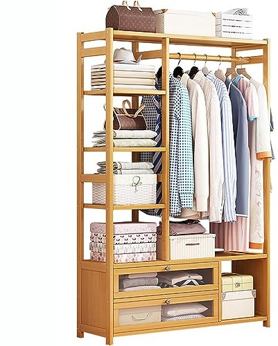 angelfanmily Stand Appendiabiti in bambù, Armadio Aperto bambù con Cassetti, Appendiabiti Autoportante per Disimpegno Soggiorno Spogliatoio, Legno Multifunzionale Appendiabiti (L:68/100CM)