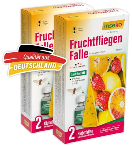 inseko 2X Fruchtfliegenfalle Set – Obstfliegenfalle für die Küche – inkl. Lockmittel & 2 Klebefallen – Sicher & Nachhaltig gegen Fruchtfliegen – Made in Germany