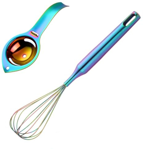 Buyer Star Edelstahl Schneebesen & Ei-Trenner 2er Set, Eigelb-Extraktionsfilter, zum Schlagen von Sahne, Rühren von Teig, Küchenwerkzeuge zum Kochen & Backen (Regenbogen Farbe)
