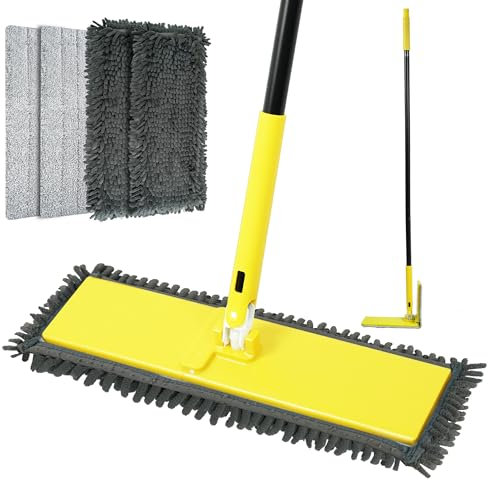 NEWE Flat Mop with Unique 90° Foldable Panel, 132 cm Long Handle Wet Dry Floor Duster Broom with 2 Microfiber and 2 Chenille Pads for Hardwood, Stairs, Vinyl, Tile, Laminate (Yellow)