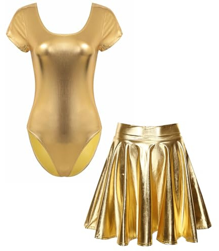 Loodgao Damen Metallic Body Kurzarm Rundhals Ballett Tanz Gymnastik Turn Anzug Trikot mit Glänzend Skater Glocken Swing Eiskunstlauf Rock Gold L