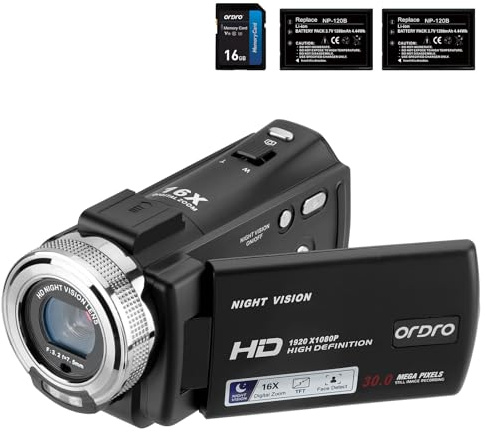 ORDRO V12 Caméscopes HD 1080p Caméra Vidéo Enregistreur Infrarouge Vision Nocturne Caméscopes Caméscopes avec Carte Mémoire 16G et 2 Batteries