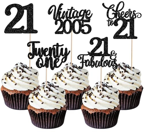 SYKYCTCY 30 Pack Happy 21st Birthday Cupcake Toppers Glitter Twenty-one 21 Fabulous Vintage 2005 Cupcake Picks for 21st Birthday Anniversary Party Cake Decorations Supplies