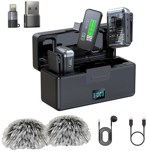Resocasin Micrófono Lavalier inalámbrico para iPhone/Android con USB tipo C, cancelación de ruido, grabación interna flotante de 48 kHz de 16 bits, rango de 800 pies, batería con funda de carga