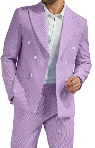 High-End Suits Mens Light Purple Seersucker Suit Grooms Suit for Wedding Mens Double Breasted Formal Suits Slim Fit L