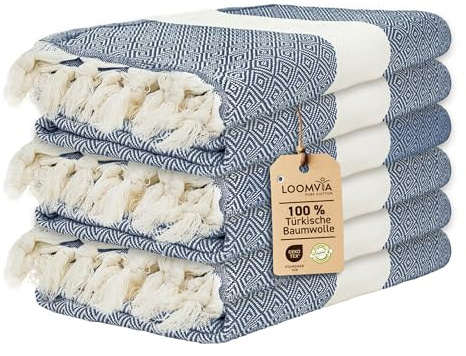 Loomvia | 6er Pack | Hamamtuch groß 100x180 aus 100% Baumwolle – Strandtuch, Saunatuch, Badetuch, Saunahandtuch | Saugstark & leicht | Saunatuch Damen & Herren für Strand, Sauna, Bad | Azur Blau