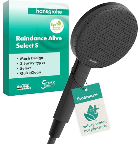 hansgrohe Raindance Alive Select S - wassersparender Duschkopf 5,7 l/min (EcoSmart+), Handbrause mit 3 Strahlarten (inkl. PowderRain), Duschbrause, mit Antikalk-Funktion, Mattschwarz, 24512670